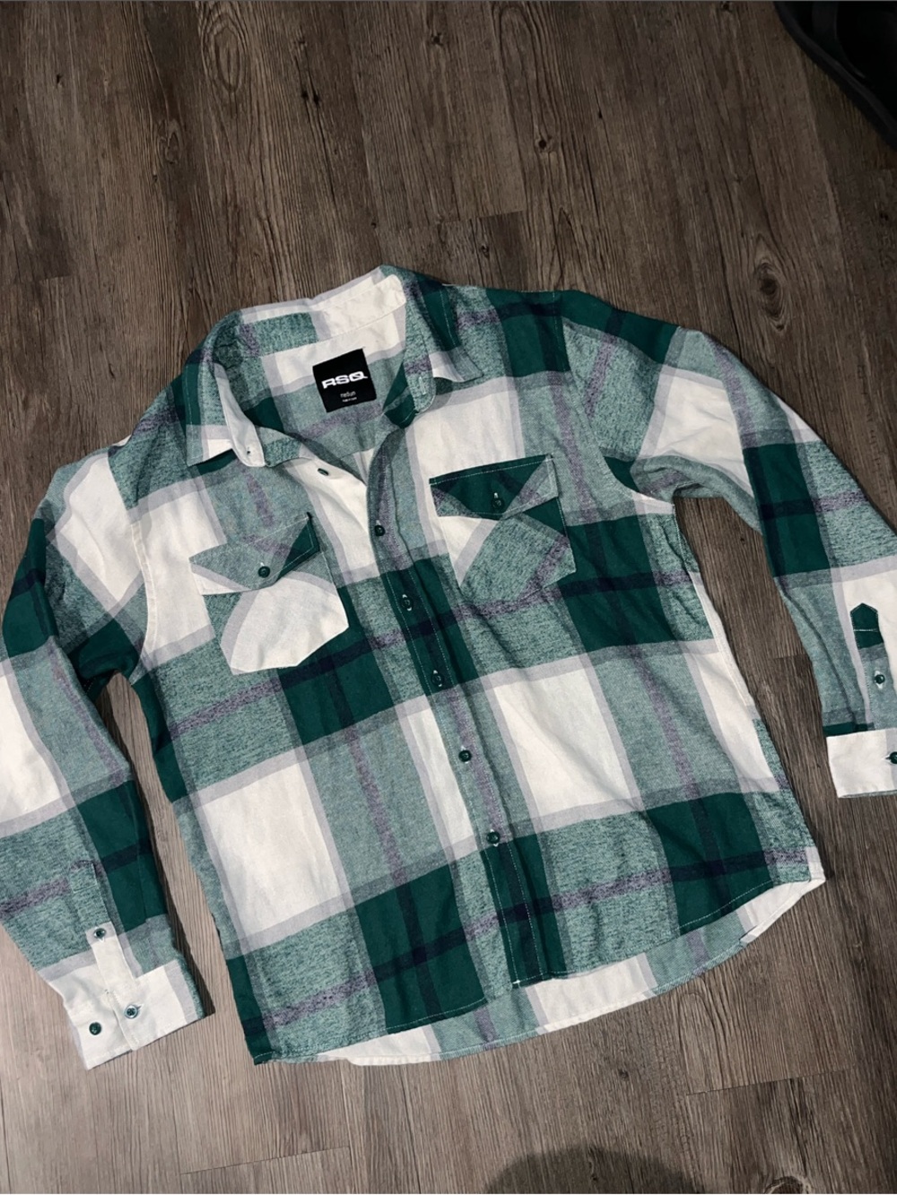 RSQ Green Purple and White Plaid Button-Down Flannel